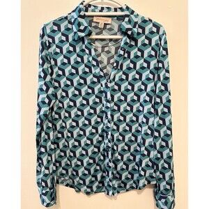 Philosphy Blouse Women's Size Large Green Blue Printed Long Sleeve Button Up